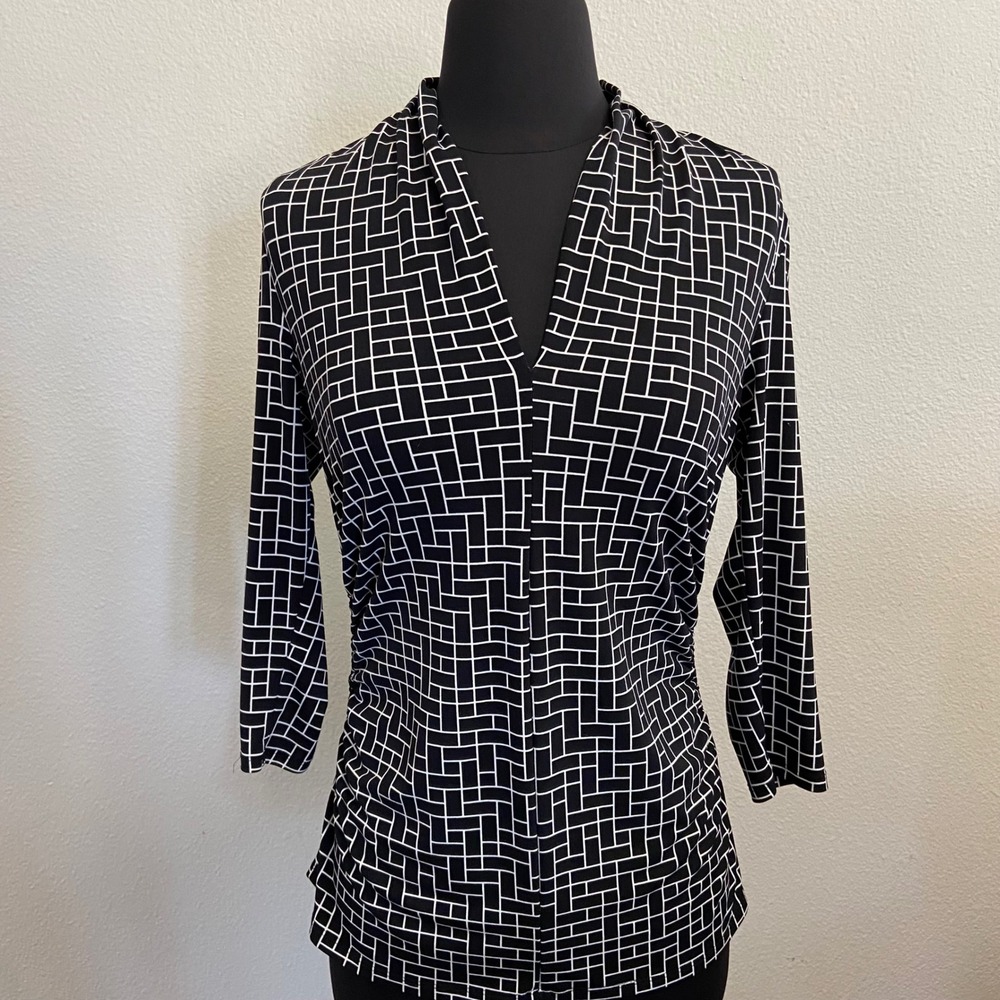 Vince Camuto Blouse Geometric Print‎ 3/4 Sleeve Top Black White Size S Ruched